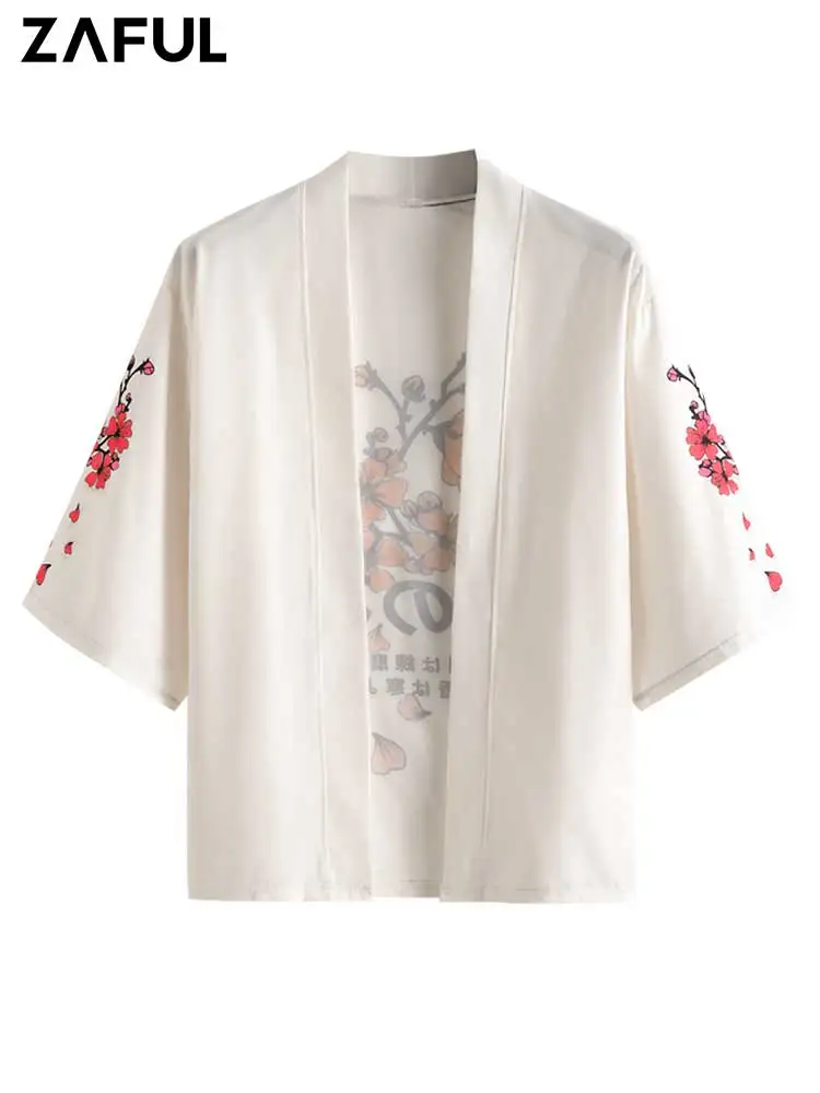

ZAFUL Men's Plum Blossom Floral Print Shirts Japanese Character Oriental Kimono Cardigan Shirt Beach Vacation Tops Z5083802