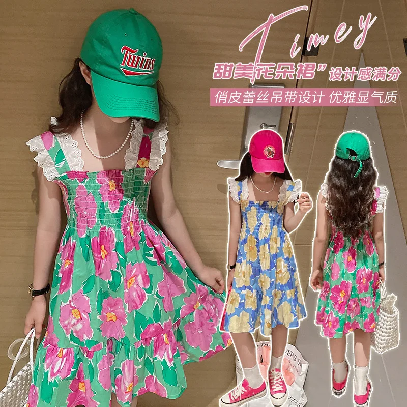 

summer 100% cotton teen dress foreign style childrens vest skirt girl summer suspender skirt Princess flower dresses 8 10 12 14