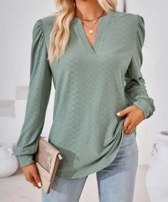 

Women's T-Shirt 2023 Autumn Casual New Solid V-Neck Jacquard Long Sleeve Loose Fitting Top Fashion Bloues Pullover Basics Tee
