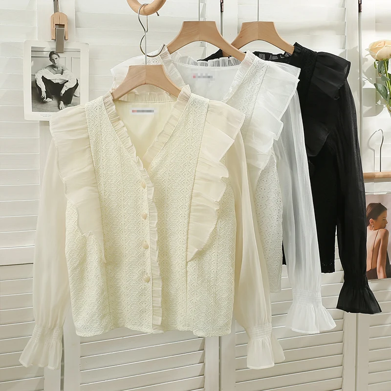 Lace Patchwork Ruffled Blouse Woman Single-breasted Button Shirts Women Loose Long Flare Sleeve Solid Blusas Mujer Dropshipping
Lace Patchwork Ruffled Blouse Woman Single-breasted Button Shirts Women Loose Long Flare Sleeve Solid Blusas Mujer Dropshipping