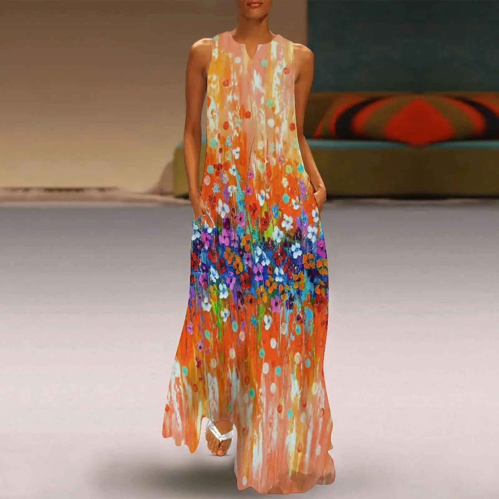 Модное женское длинное платье, летнее Элегантное повседневное женское платье с масляным принтом и цветочным принтом, 2023 
Модное женское длинное платье, летнее Элегантное повседневное женское платье с масляным принтом и цветочным принтом, 2023