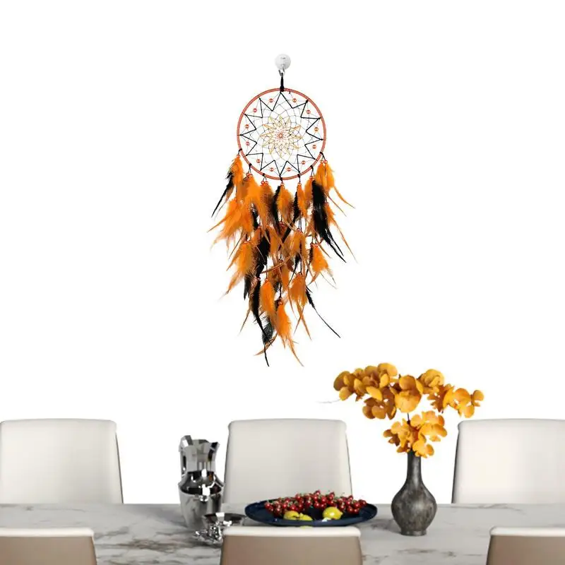 

Dream Catcher With Feathers Handmade Art Dreamcatcher Nursery Wall Art Ornament Craft With Orange Pearls Room Art Ornament Craft