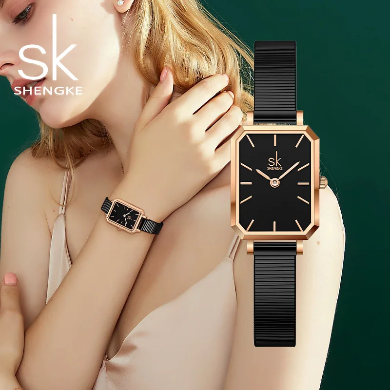 

Shengke 2022 New Watch For Women Elegant Black Rectangle Ultra Thin Dial Reloj Mujer Precise Japanese Quartz Relogio Feminino