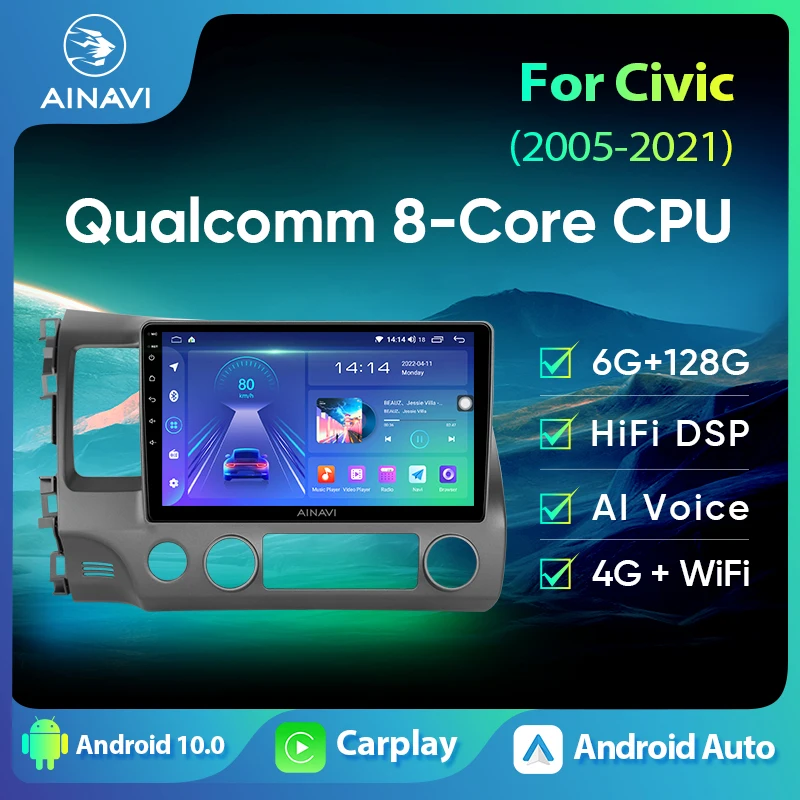 Ainavi автомобильное стерео радио для Honda Civic 8 9 10 2005 - 2021 Carplay мультимедийный