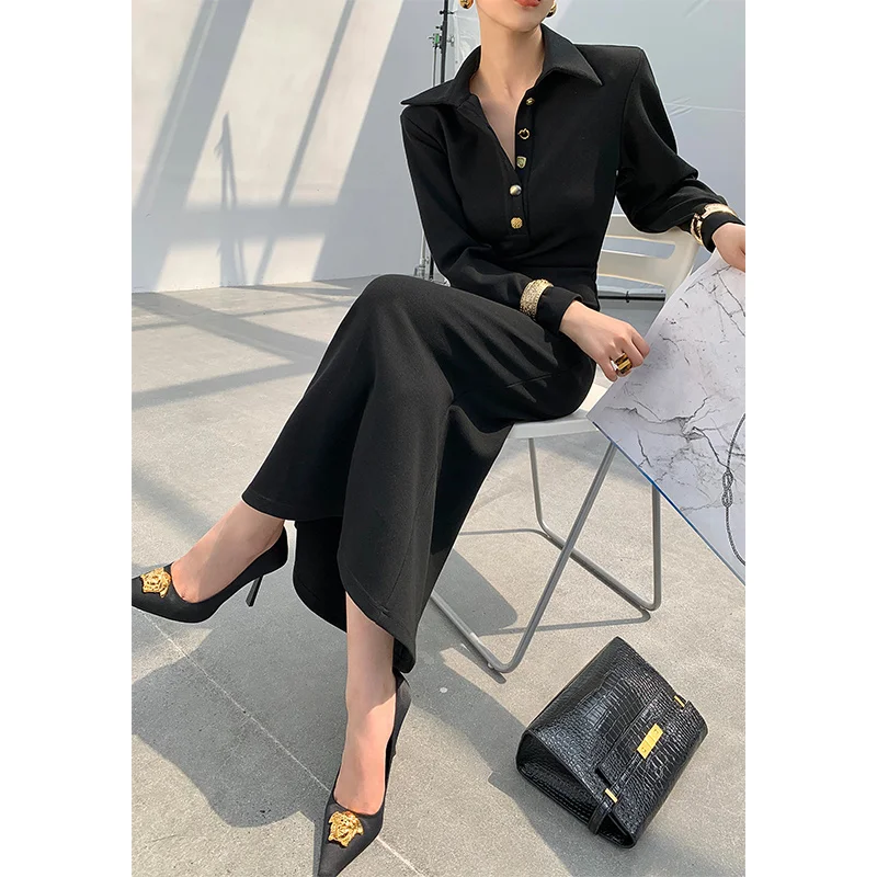 French black long sleeved shirt dress for women in spring 2023, new waistband slimming mid length skirt
French black long sleeved shirt dress for women in spring 2023, new waistband slimming mid length skirt