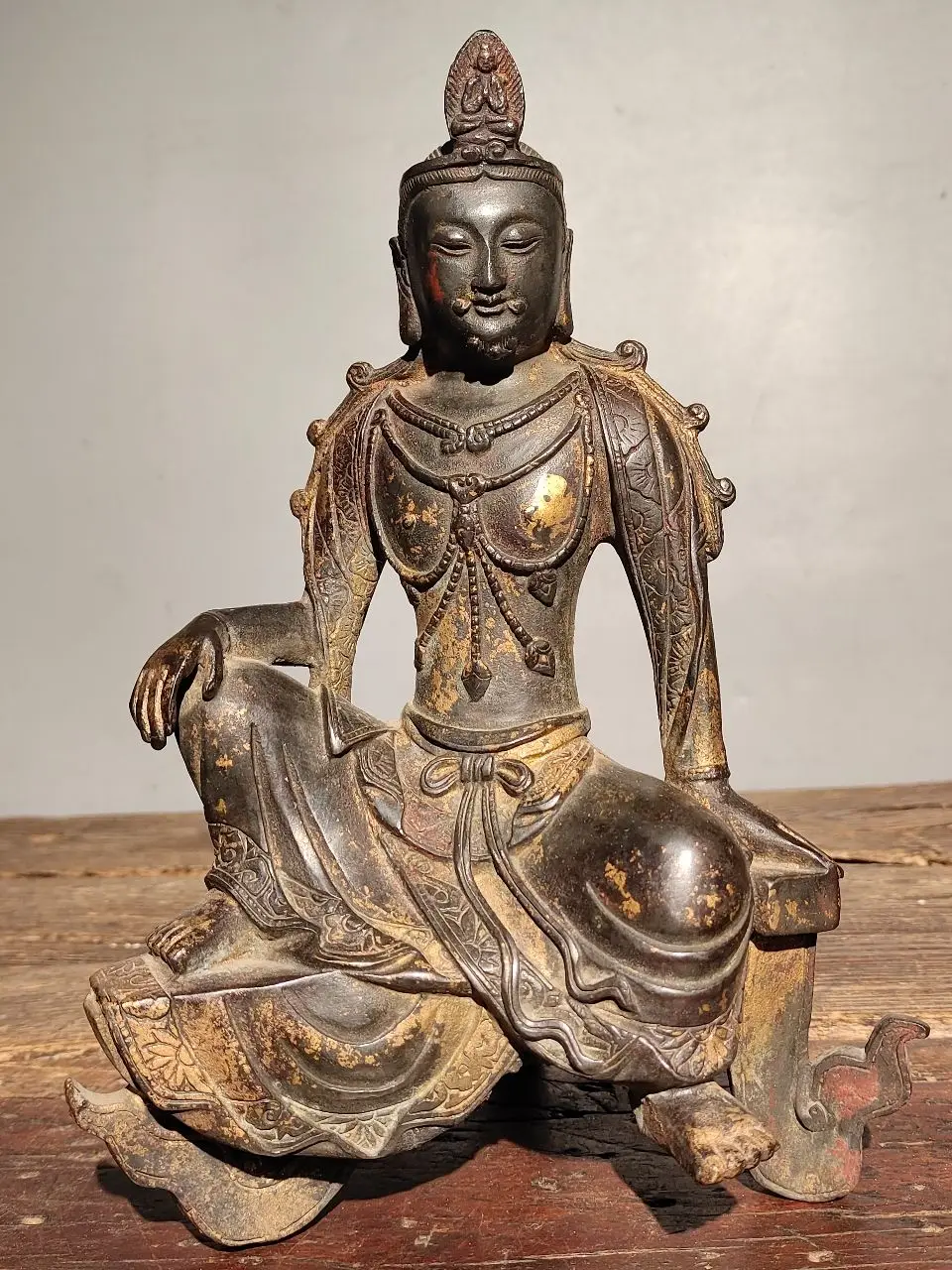 

10" Tibetan Temple Collection Old Bronze Cinnabars Bench Buddha Northern Wei Buddha Amitabha worship hall Town House Exorcism