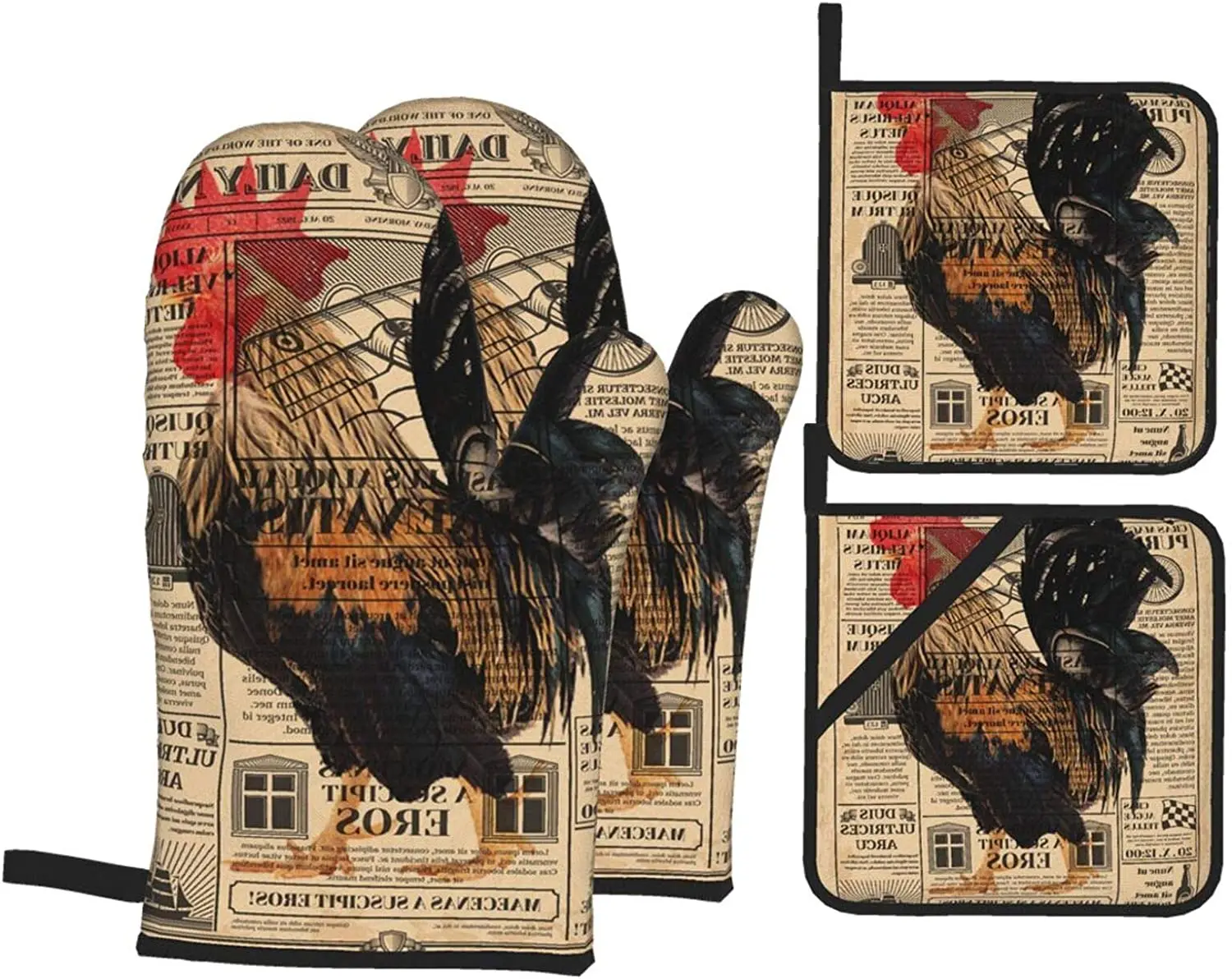 Vintage Newspaper Rooster Oven Mitts and Pot Holders Set of 4 Cotton Lining with Hot Pads Heat Resistant Microwave Gloves
Vintage Newspaper Rooster Oven Mitts and Pot Holders Set of 4 Cotton Lining with Hot Pads Heat Resistant Microwave Gloves