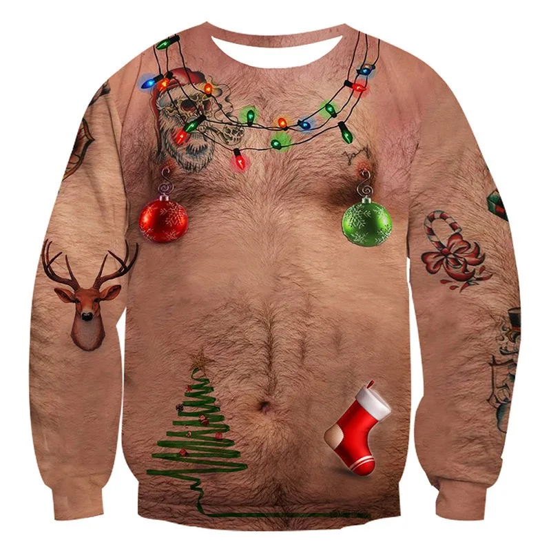 

2023 Ugly Christmas Sweater Women Sweatshirt Chest Hair Funny Loose Pullover 3D Funny Cartoon Cosplay Winter Tops Clothing Tops