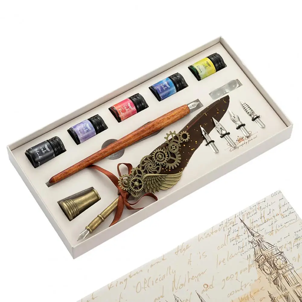 1 Set Gear Decoration Quill Pen Set Nice-looking Wood Glittering Signature Quill Pen Ink Set for holiday gift
1 Set Gear Decoration Quill Pen Set Nice-looking Wood Glittering Signature Quill Pen Ink Set for holiday gift