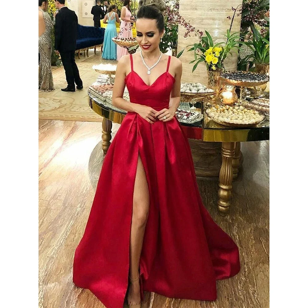 EAEOVNI Sexy Red Satin Evening Dress A Line Spaghetti Straps Draped Floor Length Evening Gown V Neckline Thigh Slit Party Dress
EAEOVNI Sexy Red Satin Evening Dress A Line Spaghetti Straps Draped Floor Length Evening Gown V Neckline Thigh Slit Party Dress