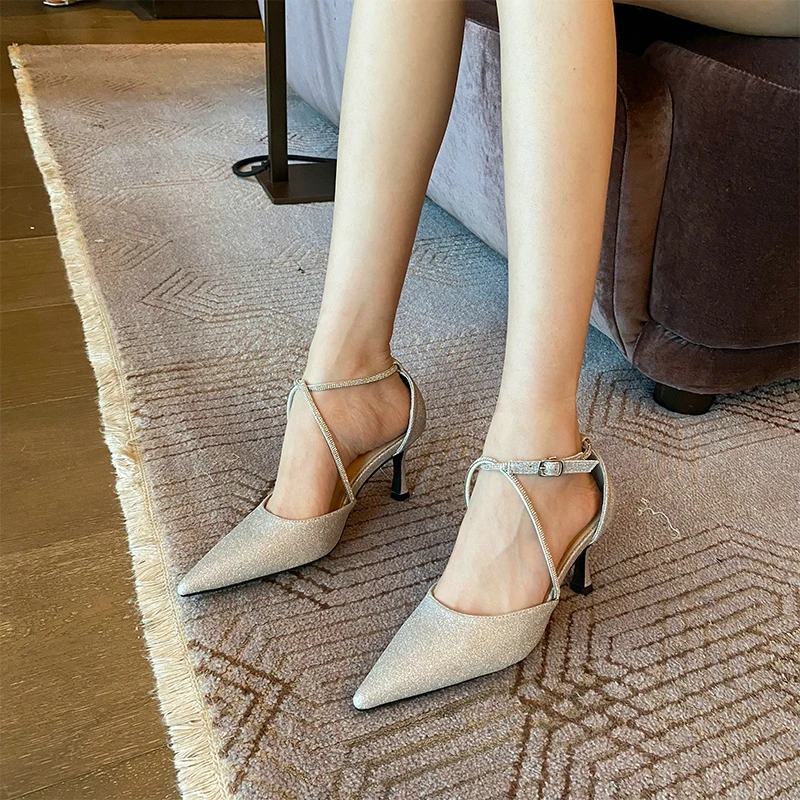 Sequined Cloth Women Sandals Pointed Toe Rhinestone Bling Shining Cross Strap Ankle Strap Thin High Heels Black Silver Slides
Sequined Cloth Women Sandals Pointed Toe Rhinestone Bling Shining Cross Strap Ankle Strap Thin High Heels Black Silver Slides