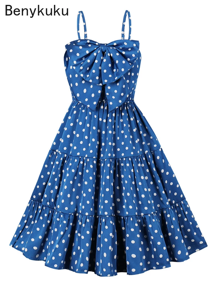 

Bow Front Blue Polka Dot Spaghetti Strap Vintage Swing Dress 2022 Summer High Waist Shirred Back Pleated Women Beach Boho Dress