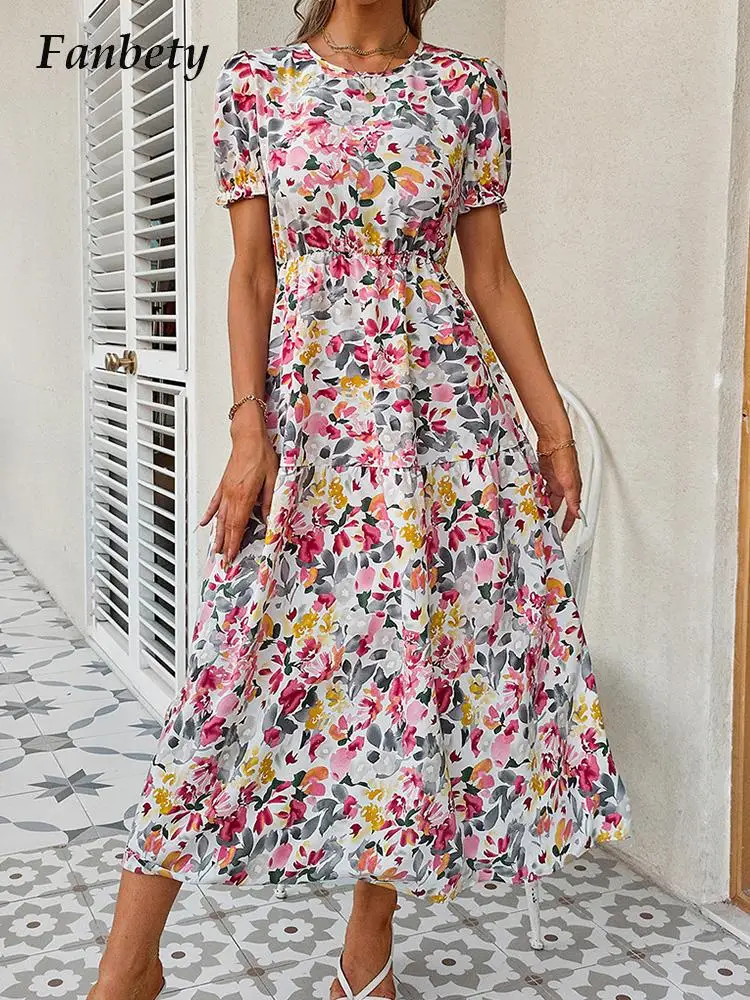 Summer Floral Print Waisted Long Dress Fashion Crew Neck Short Sleeve Women Dress Elegant Folds Back Hollow Temperament Dresses
Summer Floral Print Waisted Long Dress Fashion Crew Neck Short Sleeve Women Dress Elegant Folds Back Hollow Temperament Dresses