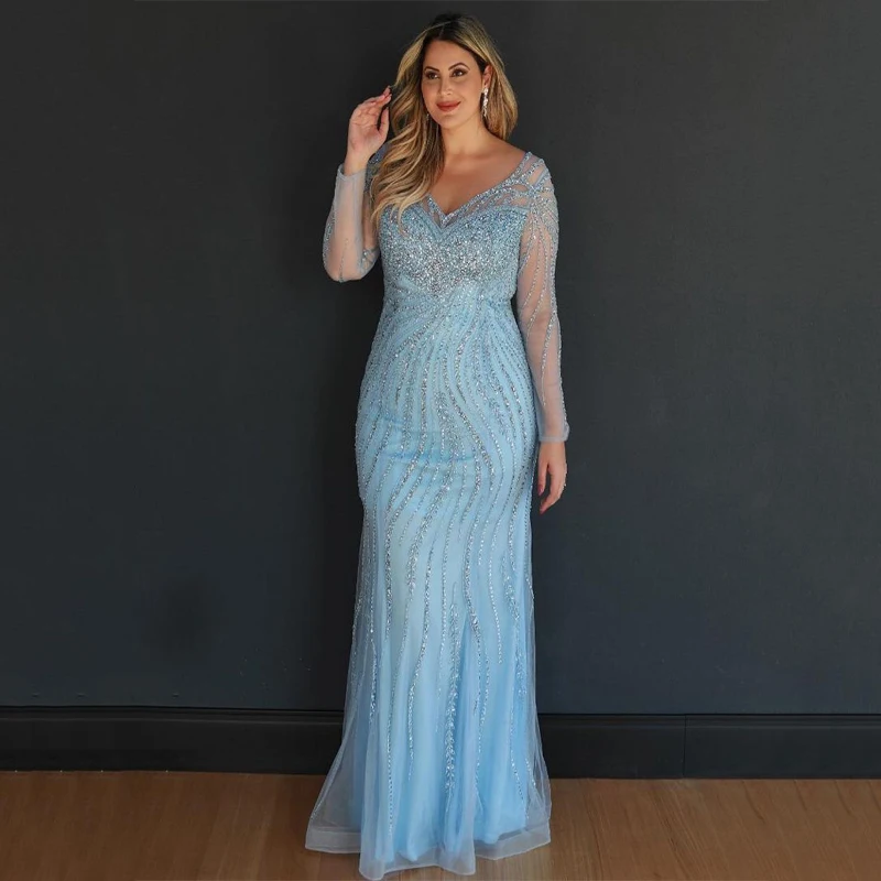 

Luxury \Blue V- Neck Long Sleeves Mermaid Evening Dresses Gowns 2023 Beaded Elegant Luxury For Woman Party Dress