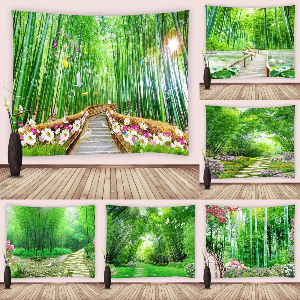 

Green Nature Bamboo Forest Tapestry Wall Hanging Fabric 3D Garden Flowers Scenery Tapestries for Bedroom Living Room Dorm Decor