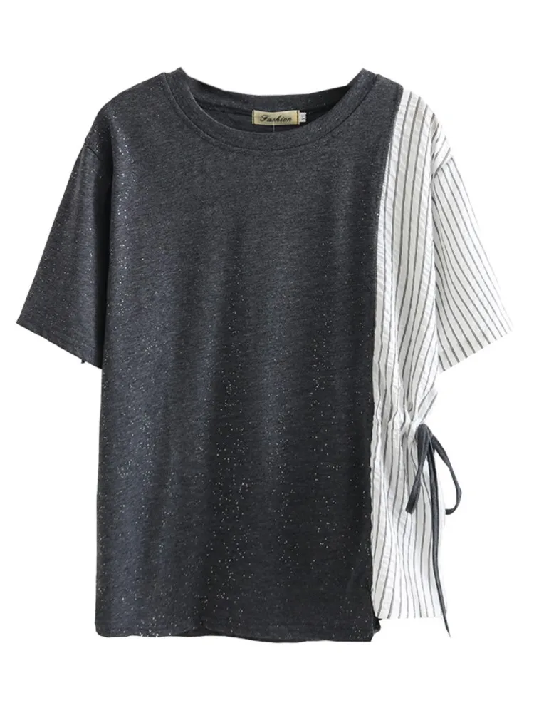 Plus Size Tops Women Clothing Femme T Shirt Spliced Striped Drawstring Summer Brief Casual Short Sleeve Bright Silk Tees
Plus Size Tops Women Clothing Femme T Shirt Spliced Striped Drawstring Summer Brief Casual Short Sleeve Bright Silk Tees