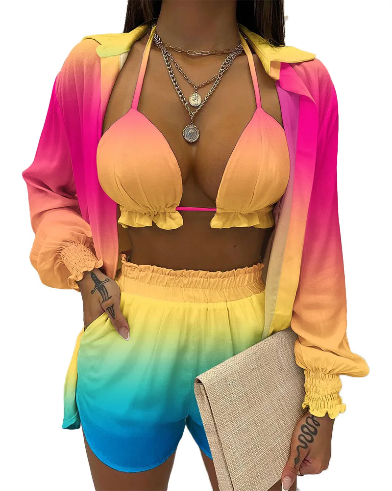 New Sexy Summer Solid Color Printing Shorts Jacket Bikini 3-piece Set For Women 
New Sexy Summer Solid Color Printing Shorts Jacket Bikini 3-piece Set For Women