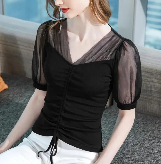 V-образный вырез пузырьковый рукав топ на шнурке 
V-образный вырез пузырьковый рукав топ на шнурке