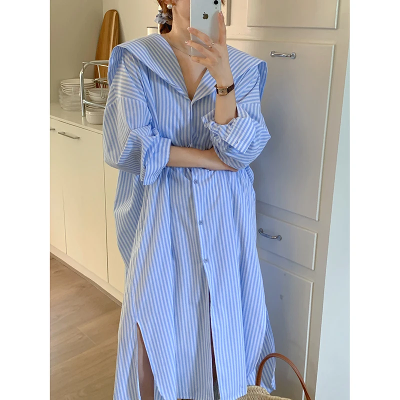 Clothland Women Sweet Striped Shirt Dress Pink Blue Sailor Collar Loose Style Straight One Piece Summer Midi Dresses QC719
Clothland Women Sweet Striped Shirt Dress Pink Blue Sailor Collar Loose Style Straight One Piece Summer Midi Dresses QC719