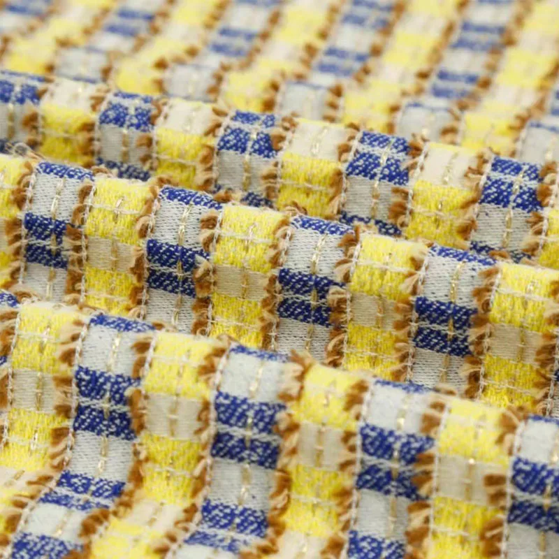 

50x145cm France Blue/Yellow Lattice Yarn Dyed Braided Tweed Fabric For Women Autumn Jacket Dress Suits Coat Handbag DIY Cloth