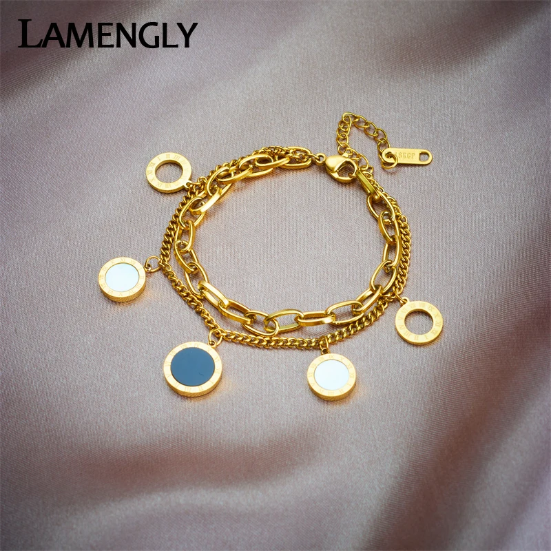 

LAMENGLY 316L Stainless Steel Round Roman Numeral Dial Charm Bracelet For Women New Trendy 3-Color Bangles Jewelry Party Gifts