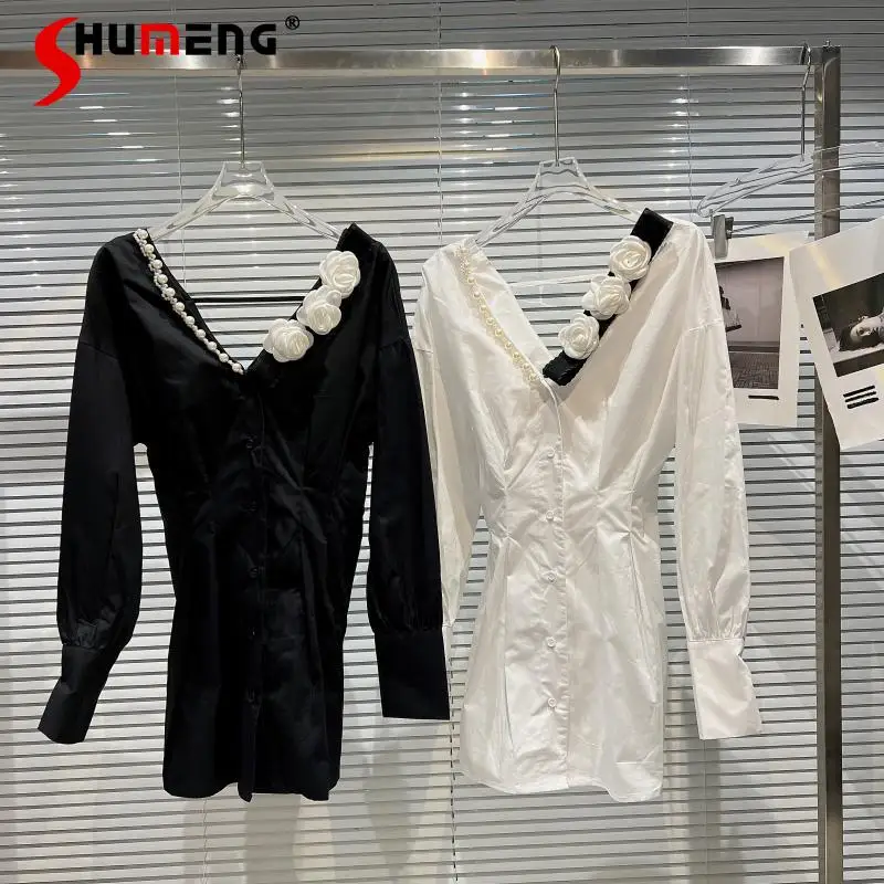 2022 Spring New Female Fashion Elegant V-neck Above Knee Dress Women Simple Sweet Solid 3D Flower Pearl Slim Waist Shirt Dress
2022 Spring New Female Fashion Elegant V-neck Above Knee Dress Women Simple Sweet Solid 3D Flower Pearl Slim Waist Shirt Dress