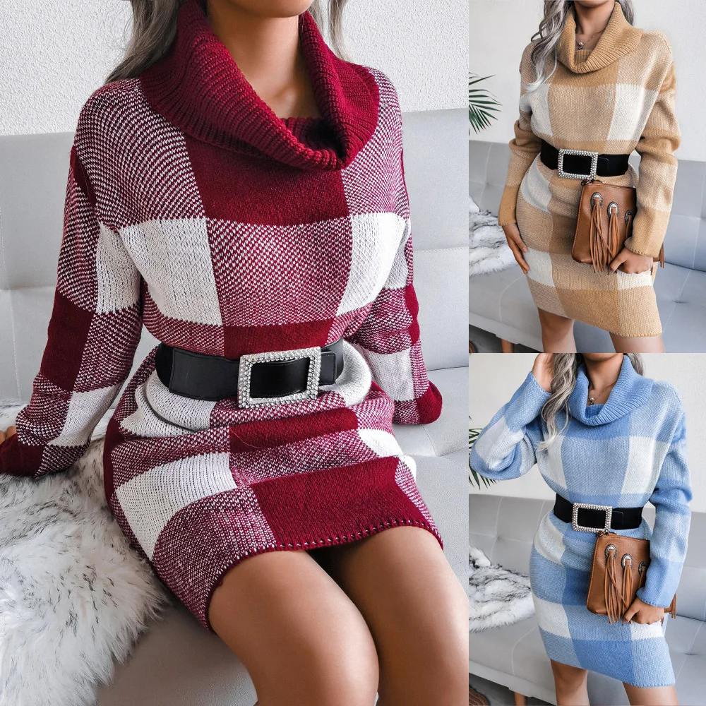 Autumn And Winter New Leisure Plaid High Collar Woolen Dress Knitted Dress Women's Wear Mid Waist Contrast A-Line Skirt Sweater
Autumn And Winter New Leisure Plaid High Collar Woolen Dress Knitted Dress Women's Wear Mid Waist Contrast A-Line Skirt Sweater