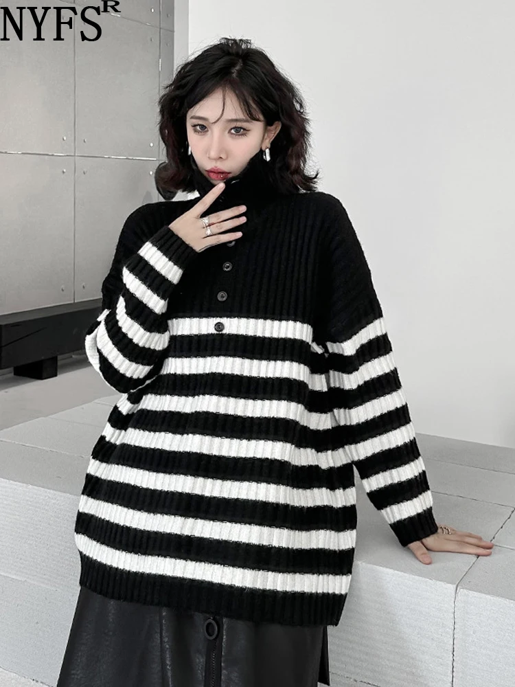 NYFS 2023 Autumn Winter New Woman Sweater Casual Pullover Loose Plus Size Black White Striped Button Turtleneck Knitting Tops 
NYFS 2023 Autumn Winter New Woman Sweater Casual Pullover Loose Plus Size Black White Striped Button Turtleneck Knitting Tops