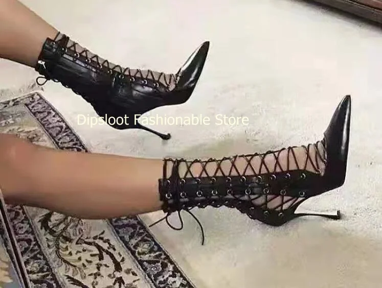 

Женские ботильоны на шнуровке, черные, золотые, с вырезами, с перекрестной шнуровкой, с острым носком, короткие ботинки на высоком каблуке