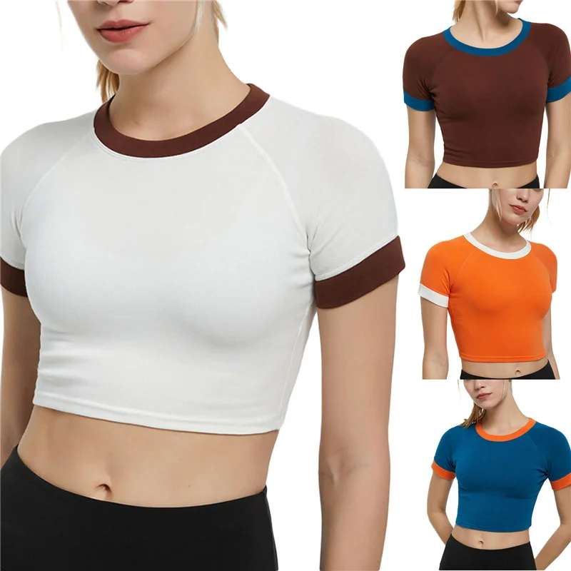 Женская модель, летний короткий топ контрастных цветов с коротким рукавом и круглым вырезом для бега и йоги
Женская модель, летний короткий топ контрастных цветов с коротким рукавом и круглым вырезом для бега и йоги