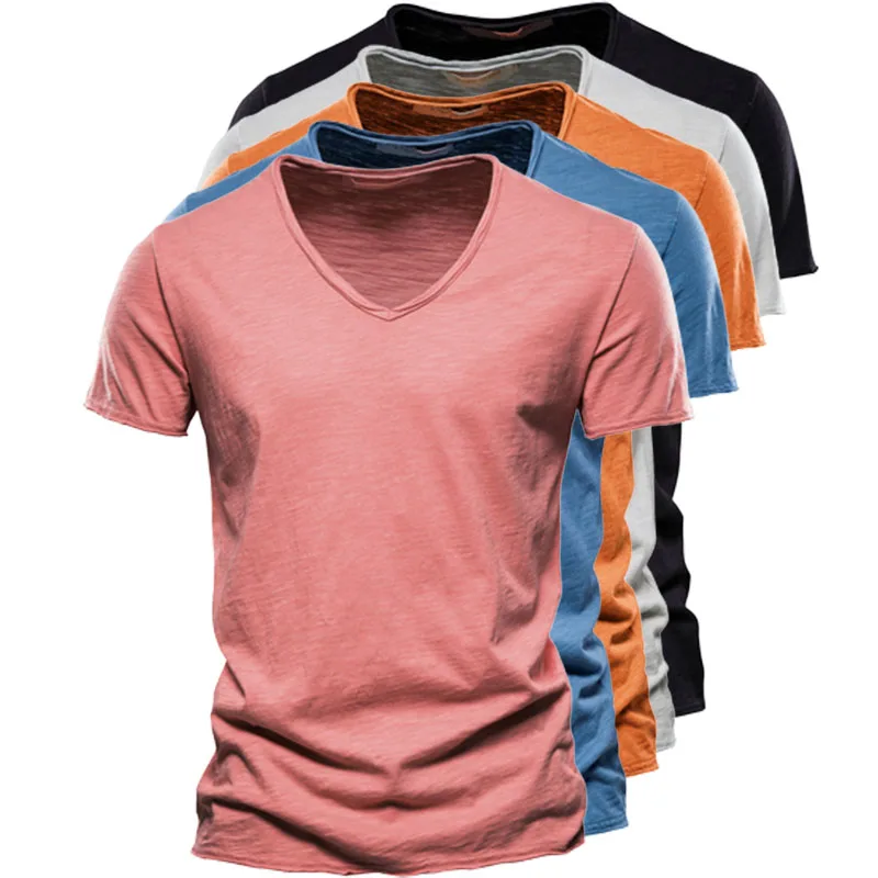 

T-shirt bawełniany dekolt w szpic moda Casual Slim Pure kolorowe t-shirty męska bluzka koszulki koszulka z krótkim rękawem dla