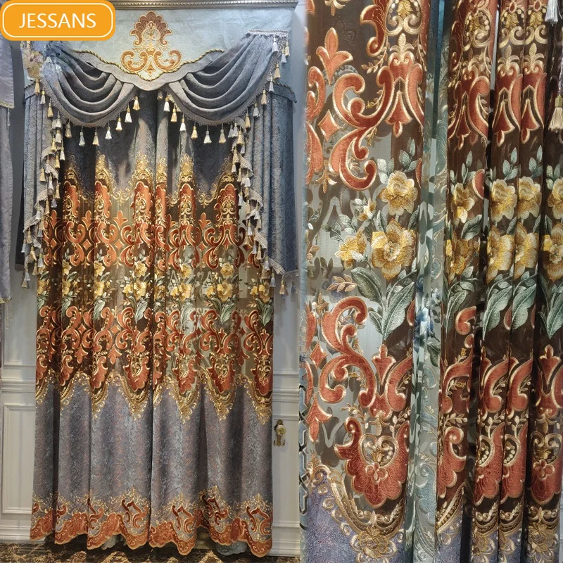 New European style high-end flower thickened chenille embroidered curtains for living room bedroom villa customization 
New European style high-end flower thickened chenille embroidered curtains for living room bedroom villa customization