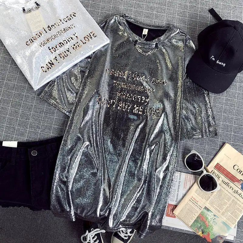 Oversized T Shirt For Women Performance Dance Top Glitter Shining Bling Streetwear Bright Silk Short Sleeve Korea Chain Clothes
Oversized T Shirt For Women Performance Dance Top Glitter Shining Bling Streetwear Bright Silk Short Sleeve Korea Chain Clothes