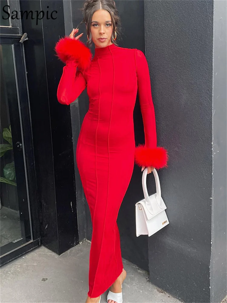 Sampic Feathers Patchwork Long Sleeve Bodycon Maxi Dress Women Autumn Winter Sexy Elegant Party Dresses Clubwear
Sampic Feathers Patchwork Long Sleeve Bodycon Maxi Dress Women Autumn Winter Sexy Elegant Party Dresses Clubwear