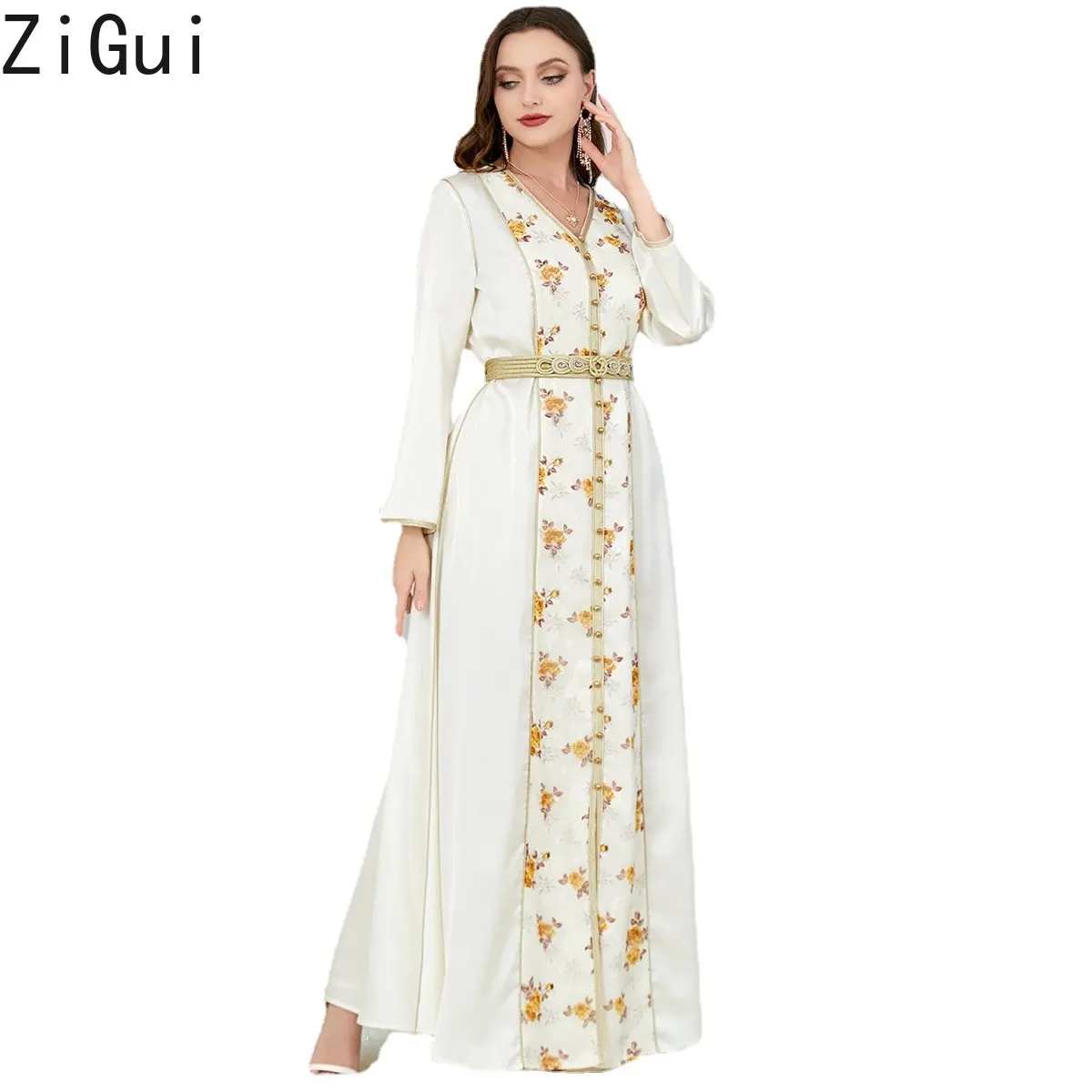 Dress Elegant Women V Neck Floral Gold Button Belt Embroidery White Modest Dress with Sleeves
Dress Elegant Women V Neck Floral Gold Button Belt Embroidery White Modest Dress with Sleeves