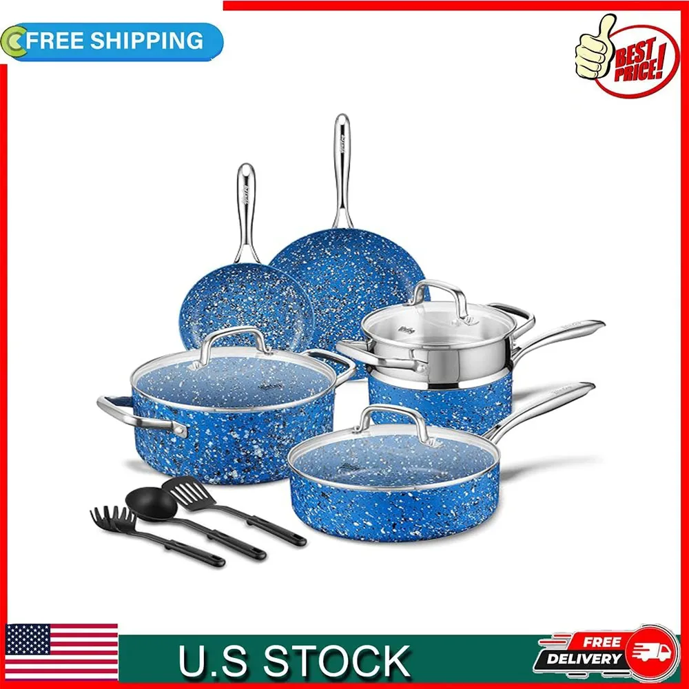 HLAFRG Nonstick Cookware Set Pots Pans and Cooking Utensils, 12 Piece Set, PFOA Free, Blue Granite
HLAFRG Nonstick Cookware Set Pots Pans and Cooking Utensils, 12 Piece Set, PFOA Free, Blue Granite