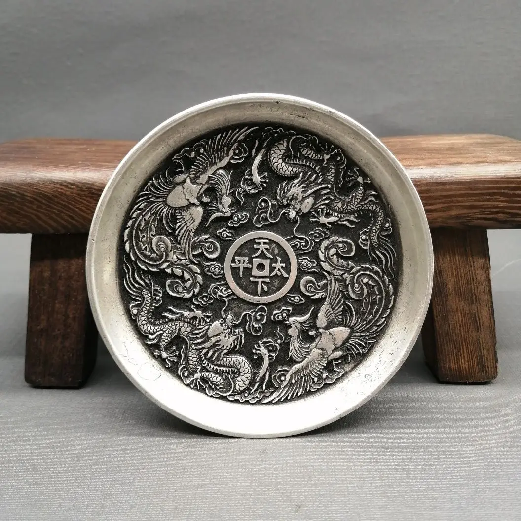 

Free Delivery Collect China Elaboration Tibet Silver Engrave Propitious“ Dragon And Phoenix” Dish Metal Crafts Home Decoration