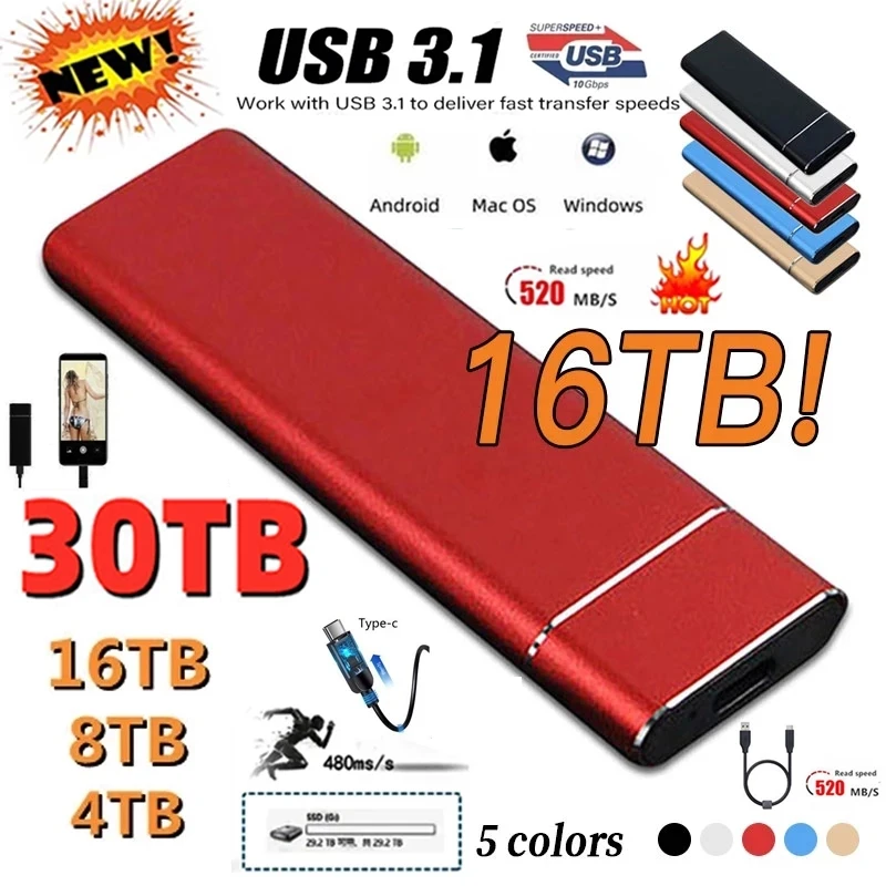 Protable SSD High Speed Type-C USB3.1 16TB 4TB 2TB 1TB External Solid State Drive Mobile Storage Device Hard Drive for Laptop
Protable SSD High Speed Type-C USB3.1 16TB 4TB 2TB 1TB External Solid State Drive Mobile Storage Device Hard Drive for Laptop