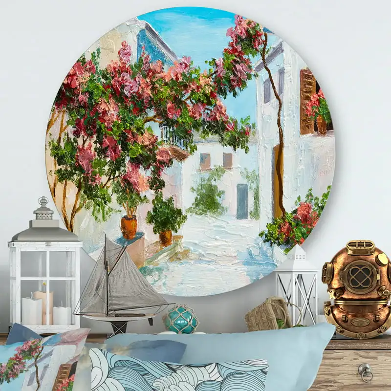 'Blossoming Flowers With White House Near The Sea' Nautical & Coastal Circle Metal Wall Art 11x11 - Disc of 11 Living Room Inte
'Blossoming Flowers With White House Near The Sea' Nautical & Coastal Circle Metal Wall Art 11x11 - Disc of 11 Living Room Inte