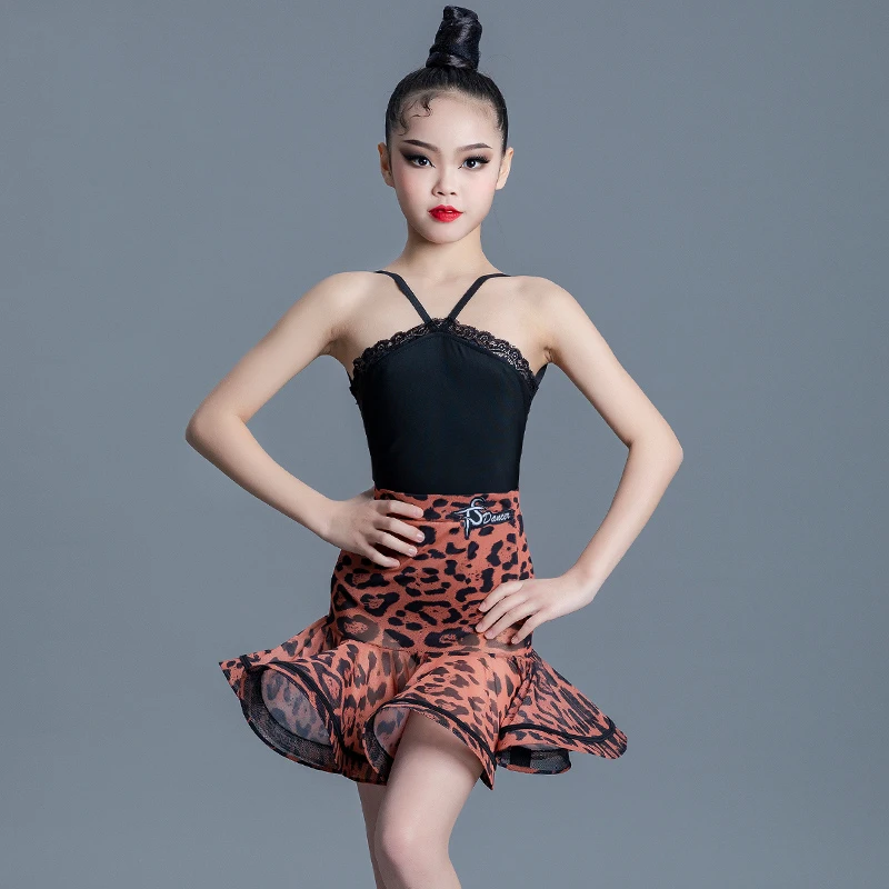 

Children Latin Dance Clothes Girls Sleeveless Top Leopard Skirts Dress Ballroom Dance Competition Costume Practice Wear SL8065