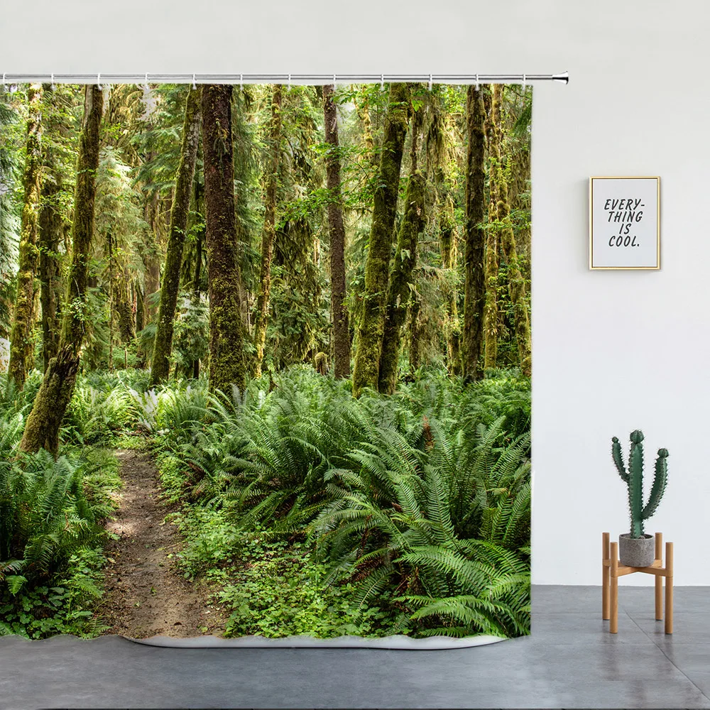 

Tropical Rainforest Shower Curtains Jungle Green Forest Trees Plants Waterfall Landscape Nature Scenery Bathroom Decor Set Hooks