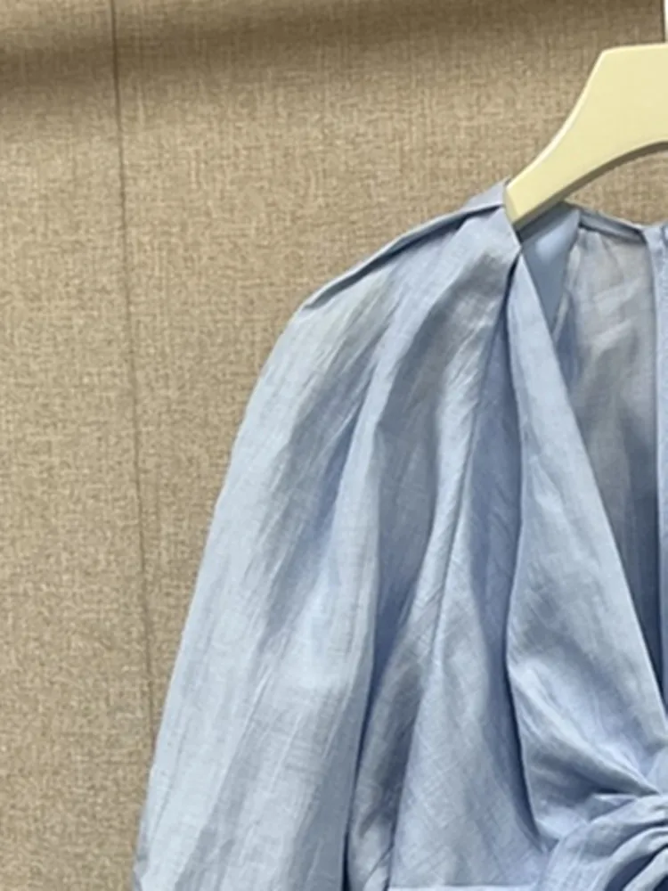 

Женское повседневное мини-платье с рукавом три четверти и высокой талией, летнее однотонное женское ТРАПЕЦИЕВИДНОЕ Плиссированное короткое платье с V-образным вырезом, новинка 2023