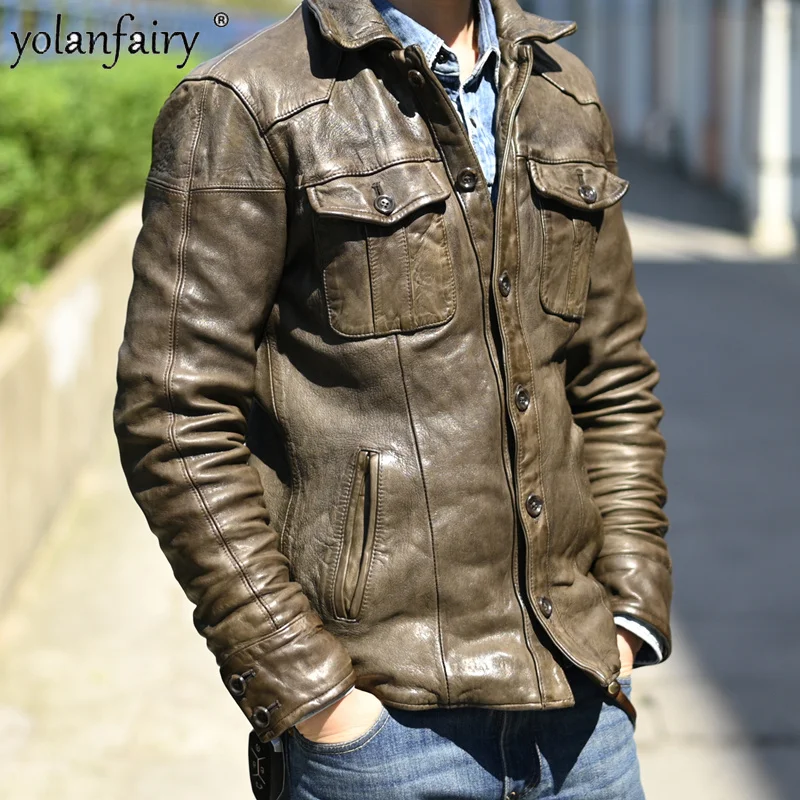 

Men Jacket Genuine Leather Clothing Top Layer Full Vegetable Tanned Sheepskin Retro Men's Coat Male Leather Jacket Chaquetas Lq