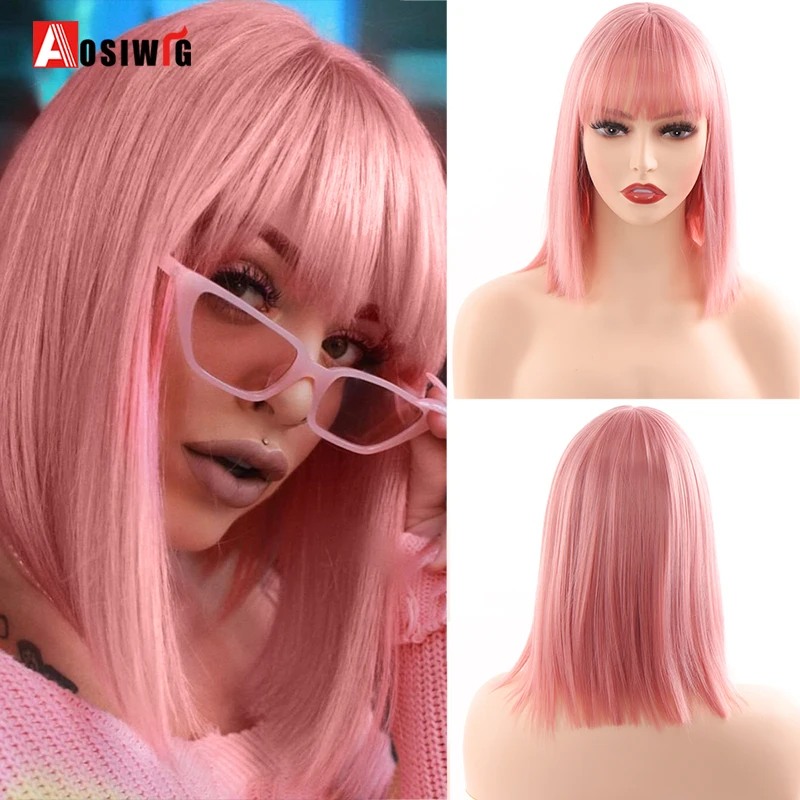 

AOSI Synthetic Lolita Short Bob Wig With Bangs Cosplay Daily Wigs Black Pink Purple Blonde Wigs for Women Straight Natural Hair