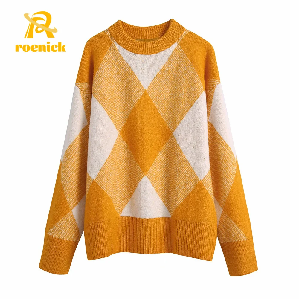 ROENICK Women Fashion Argyle Jacquard Knitted Sweater Vintage Long Sleeve Loose Female Pullovers Chic Tops
ROENICK Women Fashion Argyle Jacquard Knitted Sweater Vintage Long Sleeve Loose Female Pullovers Chic Tops
