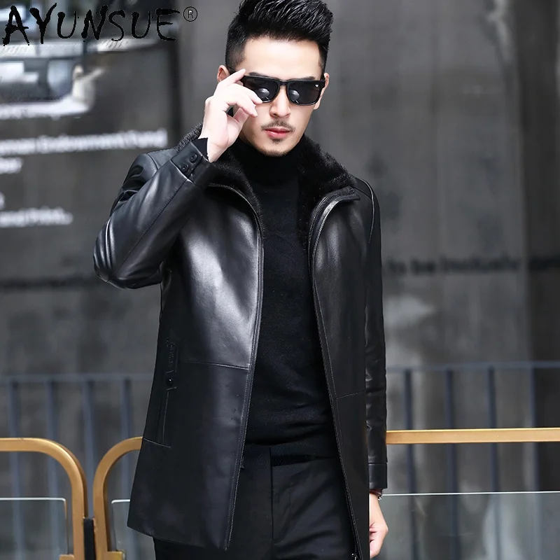 

100% Genuine Sheepskin Leather Jackets Male Black Mink Fur Collar Coats White Duck Down Jacket Jaqueta Masculina Gmm380