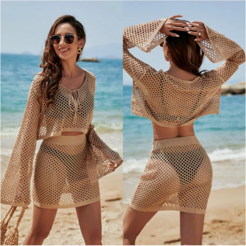 

Summer Beachwear Woman Kafan Beach Cover Up Crochet Loose Bikini Cover-up Hollow Long Sleeve Tops and Skirts Bathing Suit Women