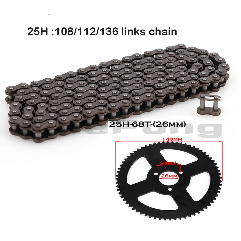 

47cc 49cc pocket bike chain 25H 108\112\ or 136 links loops and rear 68T sprocket mini moto atv quad 2 stroke engine parts