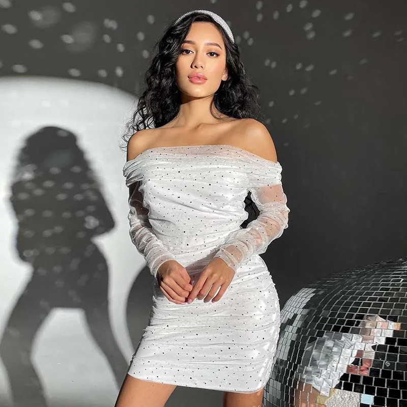 Women Dress Slash Neck Folds DOT Mesh Solid Long Sleeve Mini Woman Dresses Bodycon Sexy Wedding Party Birthday Clothing Female
Women Dress Slash Neck Folds DOT Mesh Solid Long Sleeve Mini Woman Dresses Bodycon Sexy Wedding Party Birthday Clothing Female