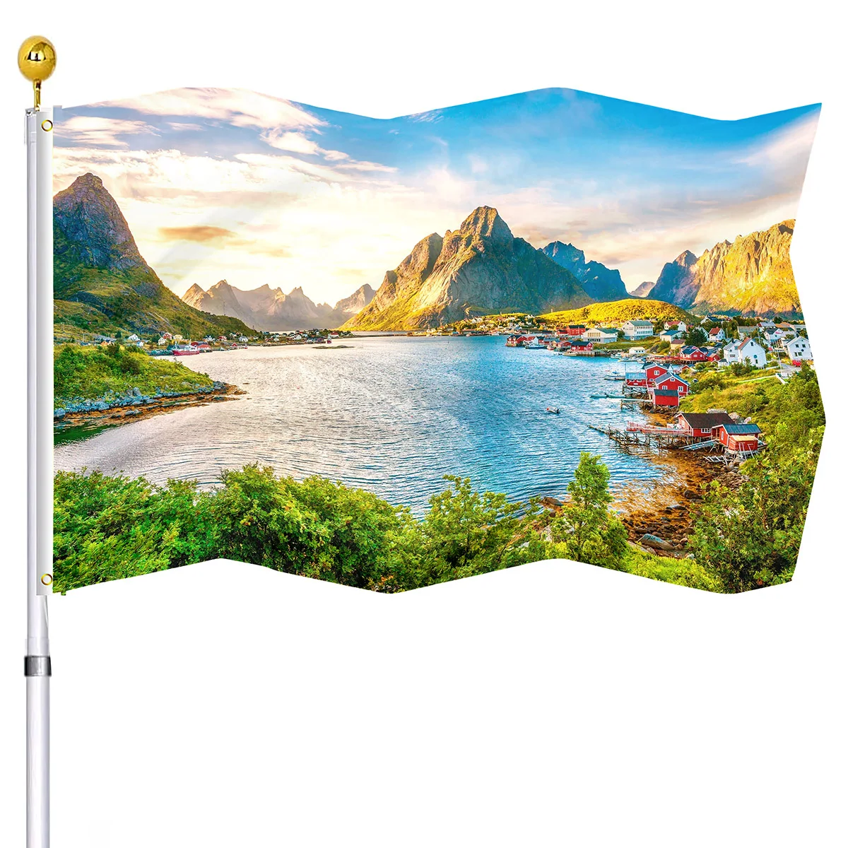 

Lake Landscape Flag Houses Near Mountains Flags Banners with Brass Grommets Home Indoor Porch Outdoor Decor Double Stitched Flag